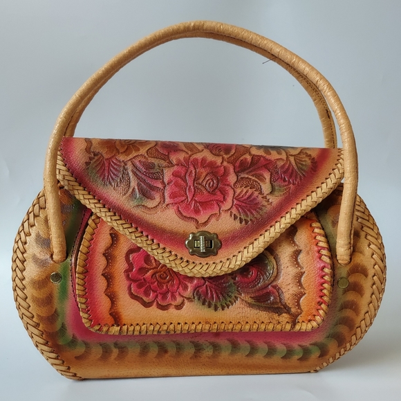 Vintage Handbags - Vintage leather tooled hand made Mexican floral hand bag